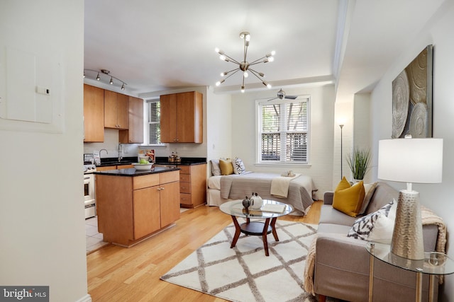 kitchen with dark countertops, light wood finished floors, a healthy amount of sunlight, and open floor plan