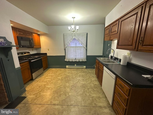 kitchen featuring sink, a baseboard radiator, a notable chandelier, white dishwasher, and stainless steel range with electric cooktop