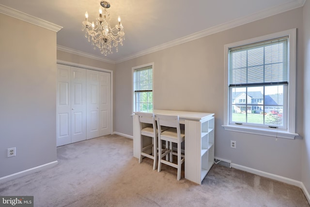 carpeted office featuring crown molding and a chandelier