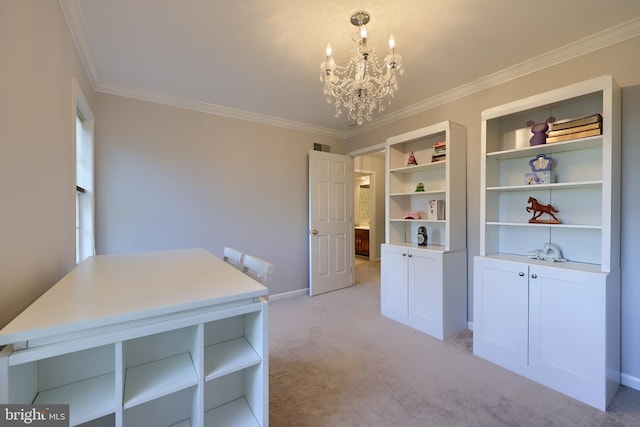 unfurnished office featuring a chandelier, light colored carpet, and ornamental molding