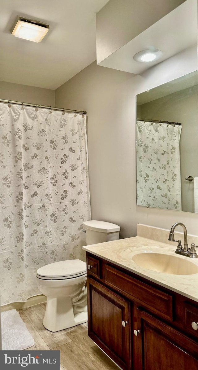 bathroom with hardwood / wood-style floors, vanity, and toilet