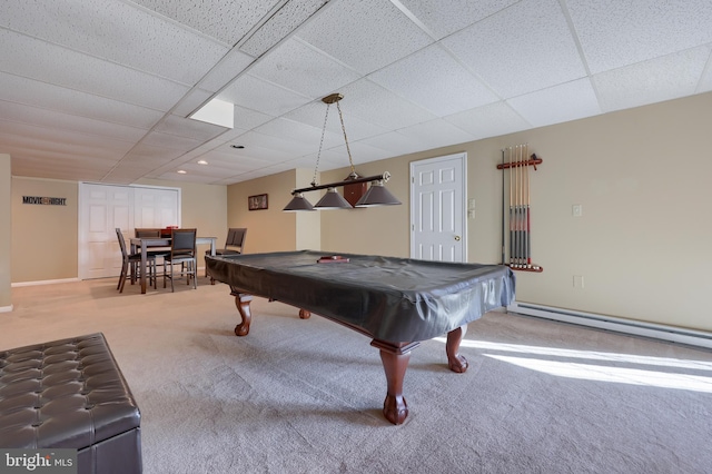 recreation room with a drop ceiling, carpet, a baseboard radiator, and pool table