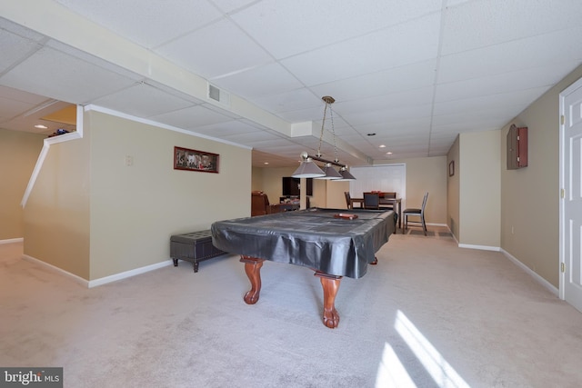 rec room featuring a paneled ceiling, carpet floors, and pool table