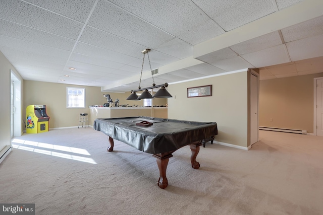 game room with carpet, a drop ceiling, a baseboard heating unit, and billiards