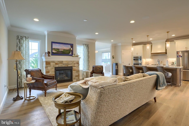 living room featuring a stone fireplace, crown molding, and light hardwood / wood-style flooring