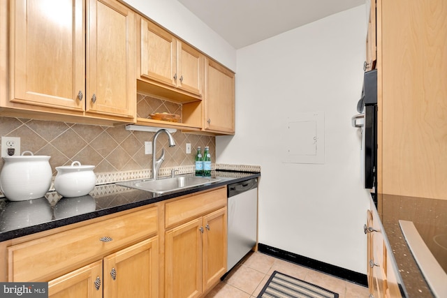 kitchen with decorative backsplash, sink, light tile patterned floors, and stainless steel dishwasher