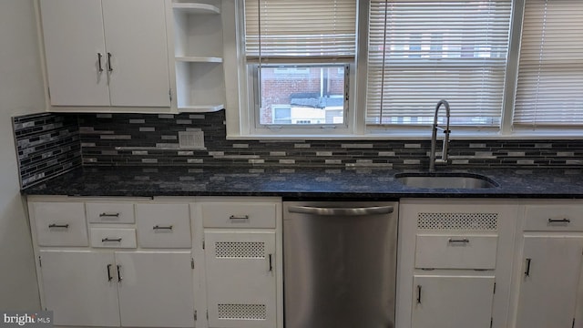 kitchen featuring dark stone counters, sink, white cabinets, and stainless steel dishwasher