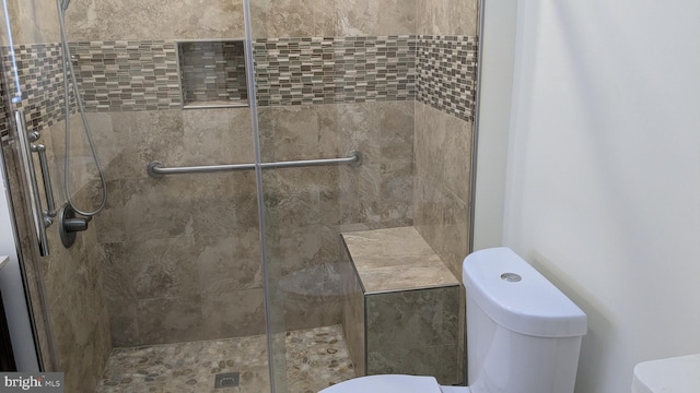 bathroom featuring toilet and a shower with door