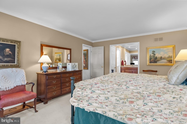 carpeted bedroom with ornamental molding