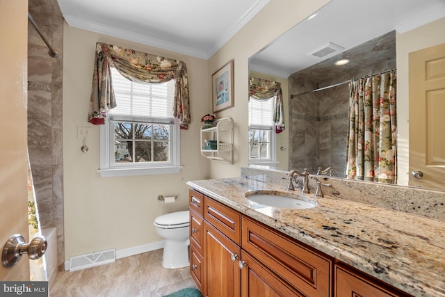 full bathroom with shower / bath combination with curtain, vanity, toilet, and crown molding