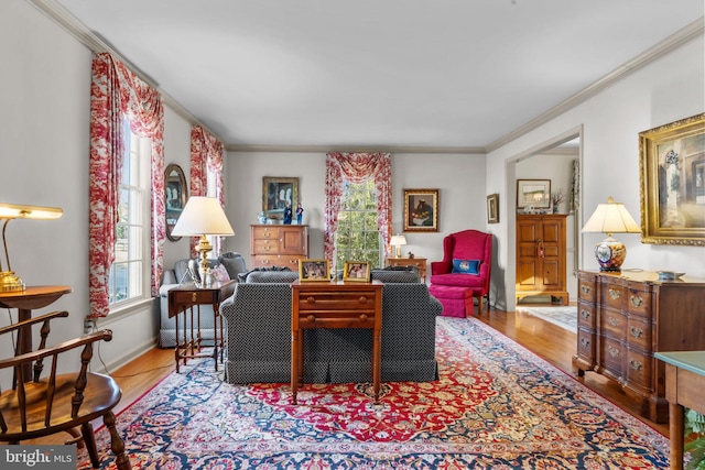 living room featuring light hardwood / wood-style floors and ornamental molding