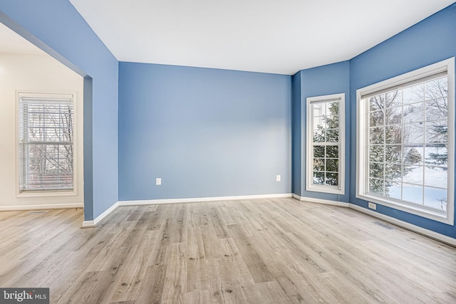 unfurnished room featuring plenty of natural light and light hardwood / wood-style floors