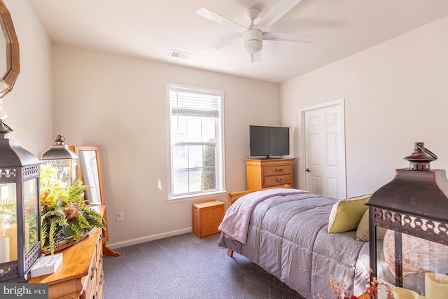 bedroom featuring multiple windows, ceiling fan, and dark carpet