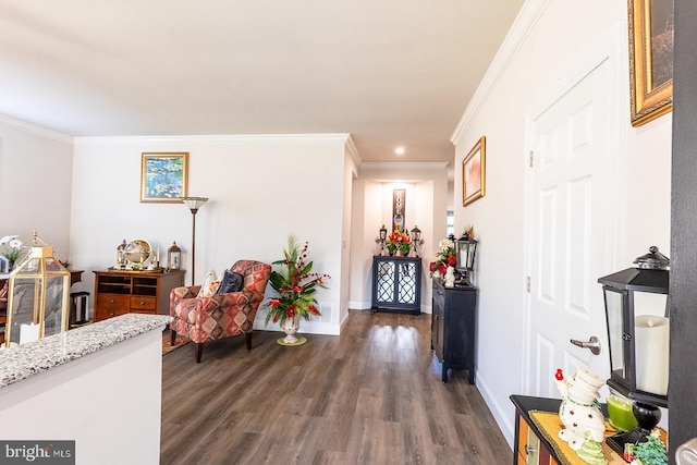 interior space with dark wood-type flooring and ornamental molding