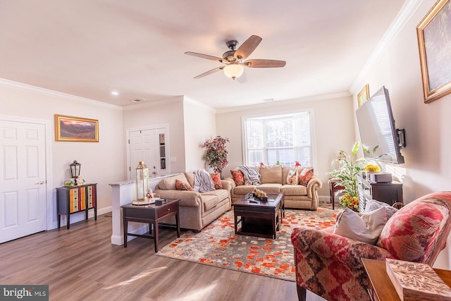 living room with ceiling fan, dark wood-type flooring, and ornamental molding