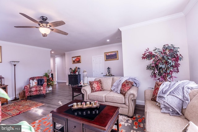 living room with ceiling fan, crown molding, and dark wood-type flooring