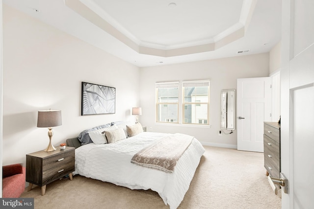 carpeted bedroom featuring a tray ceiling