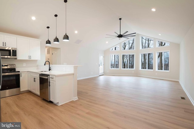 kitchen featuring appliances with stainless steel finishes, white cabinetry, ceiling fan, and sink