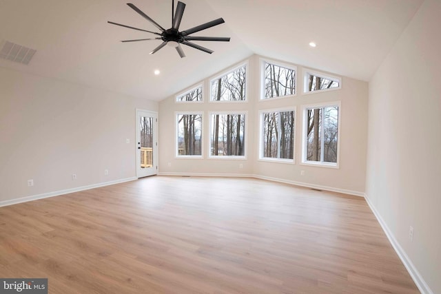 unfurnished living room featuring ceiling fan, light hardwood / wood-style flooring, and high vaulted ceiling