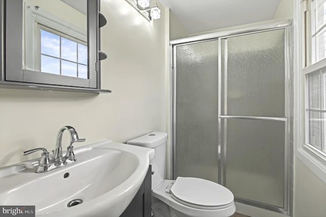 bathroom featuring an enclosed shower, toilet, and sink