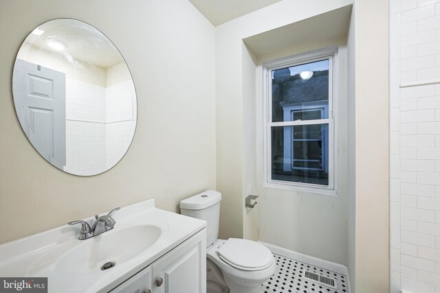 bathroom with vanity, toilet, and a shower