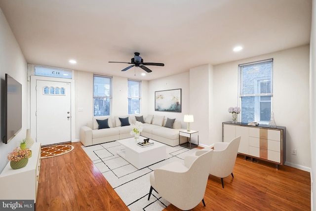 living room with a wealth of natural light, ceiling fan, and light wood-type flooring