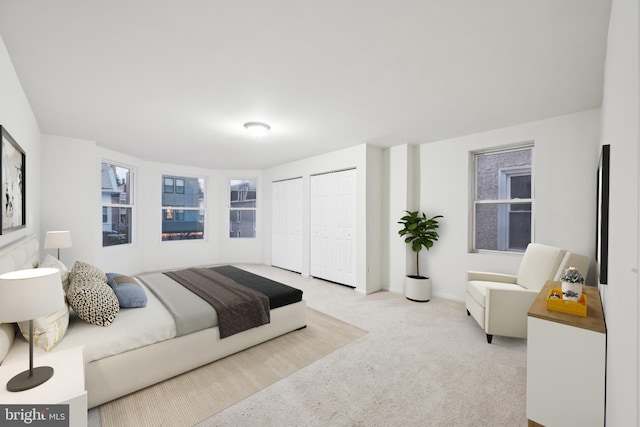 carpeted bedroom featuring two closets