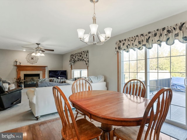 dining space featuring hardwood / wood-style flooring, ceiling fan with notable chandelier, plenty of natural light, and a tiled fireplace