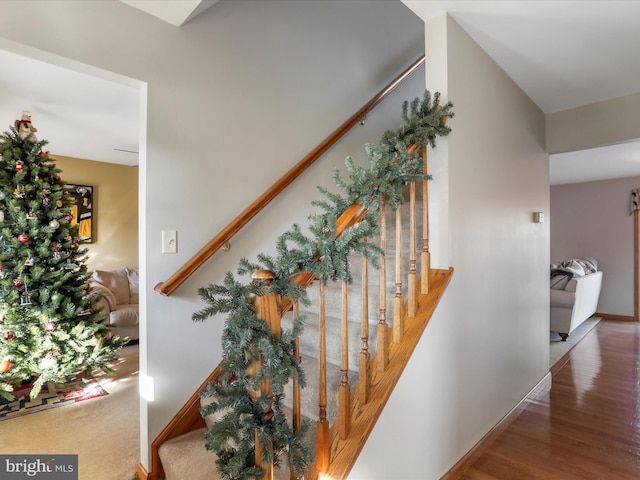 stairway featuring hardwood / wood-style floors