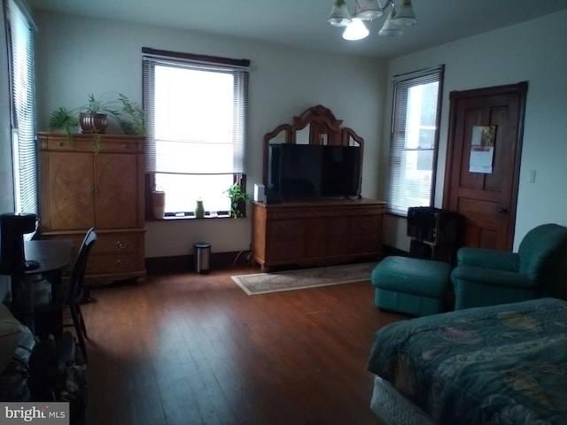 bedroom with multiple windows, dark hardwood / wood-style flooring, and an inviting chandelier