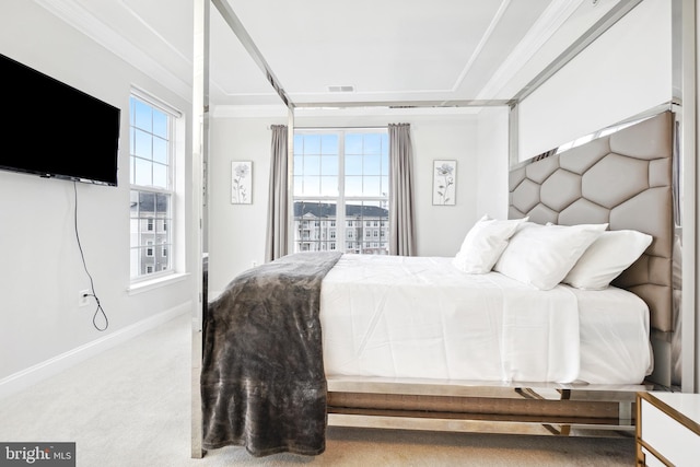 bedroom featuring carpet and ornamental molding