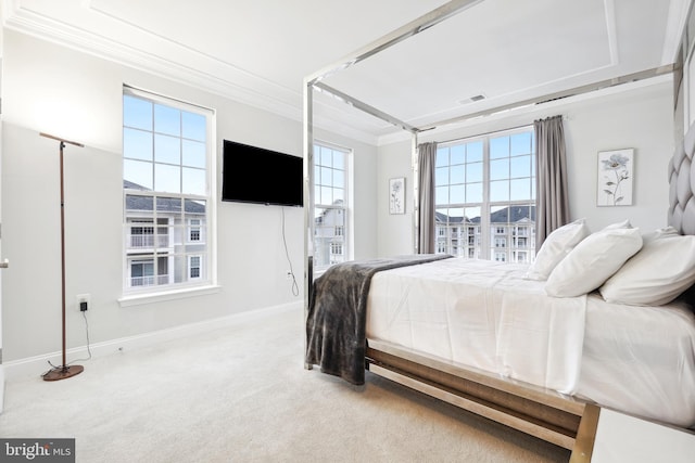 bedroom with carpet and crown molding