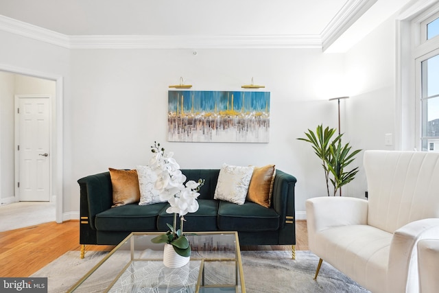 living room featuring wood-type flooring and ornamental molding