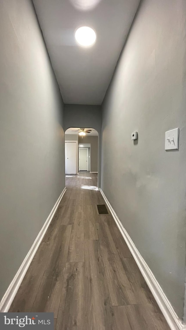 corridor featuring dark wood-type flooring