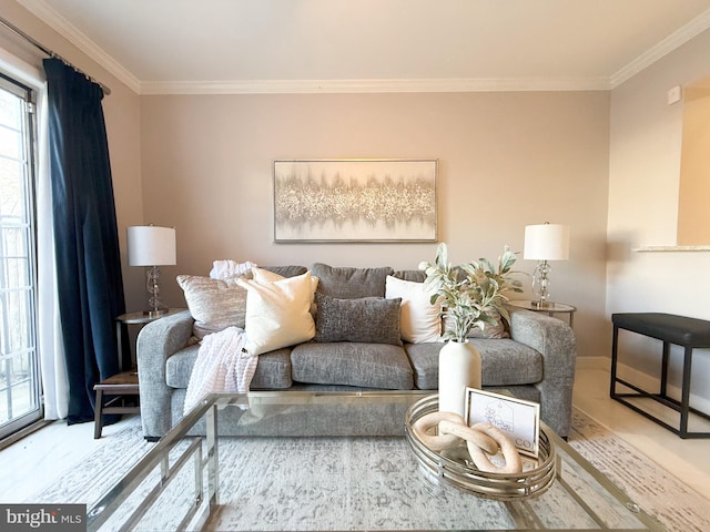 living room with wood-type flooring and ornamental molding