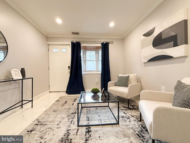 living room with crown molding