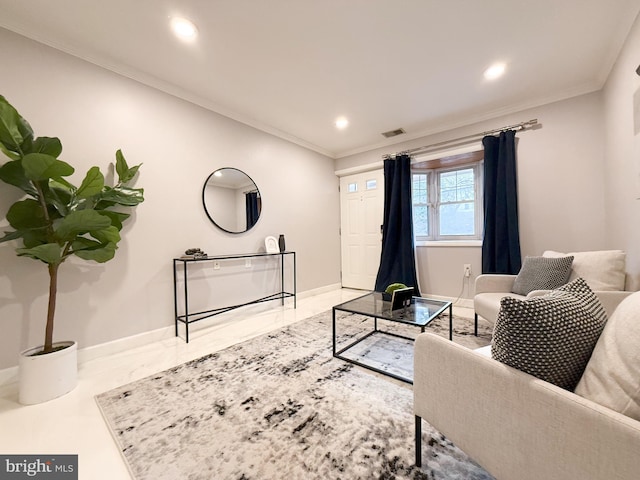 living room with ornamental molding