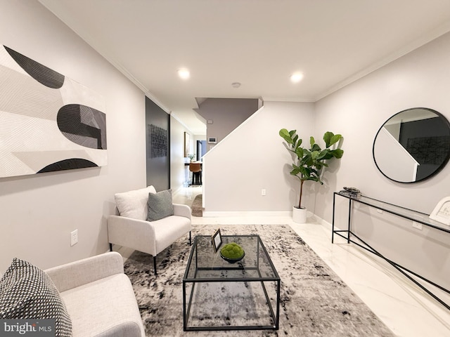 living room with crown molding