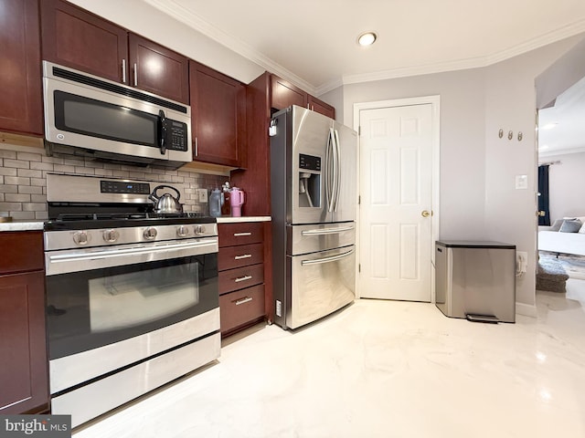 kitchen with crown molding, appliances with stainless steel finishes, and tasteful backsplash