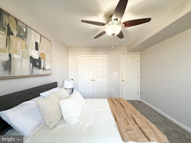 bedroom featuring carpet flooring, ceiling fan, and a closet