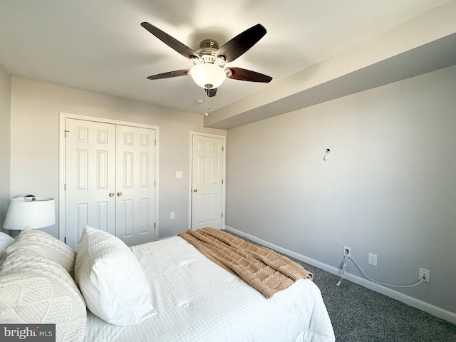 bedroom featuring carpet, a closet, and ceiling fan