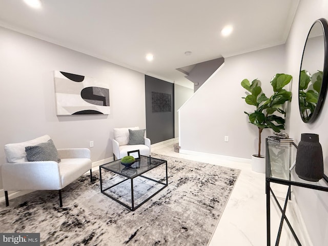 living room with crown molding