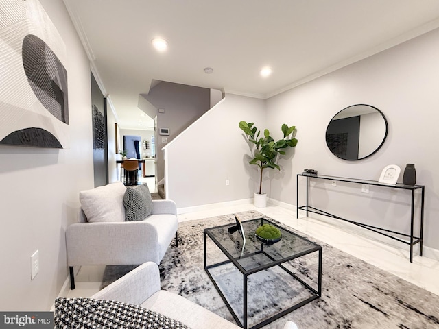 living room with ornamental molding