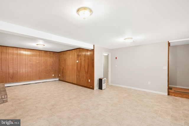 basement with baseboard heating and wooden walls