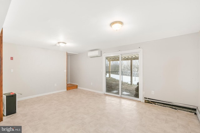 unfurnished room featuring baseboard heating and a wall unit AC