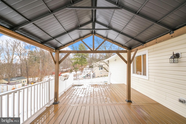 snow covered deck with a gazebo