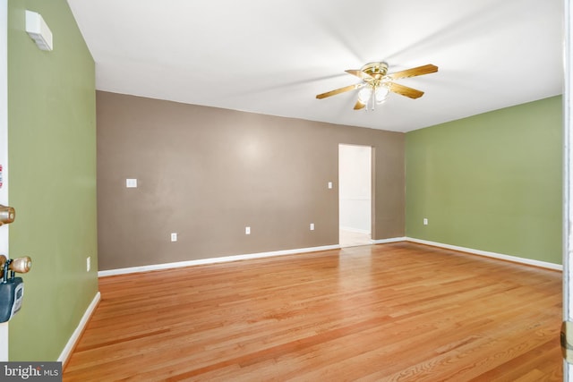 empty room with ceiling fan and light hardwood / wood-style floors