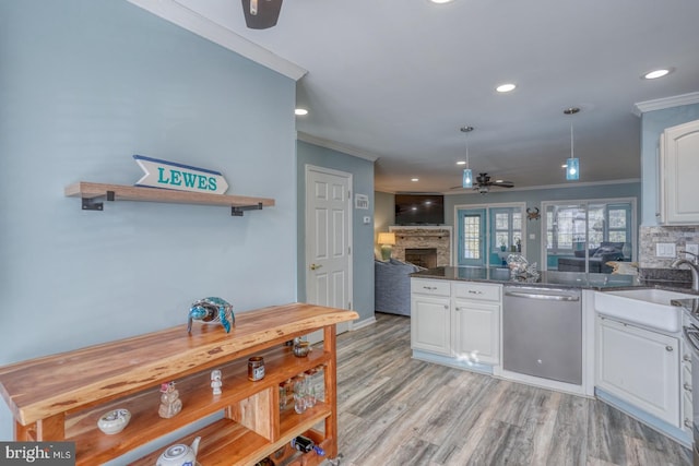 kitchen featuring white cabinets, ceiling fan, crown molding, sink, and dishwasher