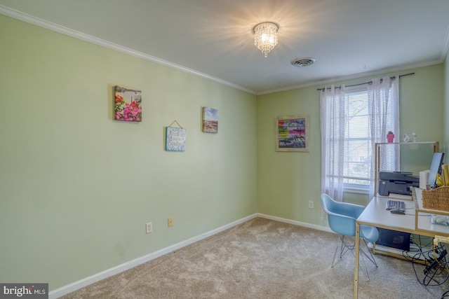 carpeted office space featuring crown molding and a chandelier