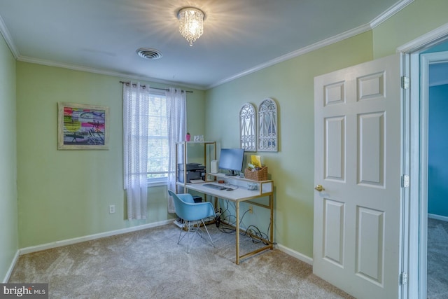 office featuring light colored carpet and ornamental molding